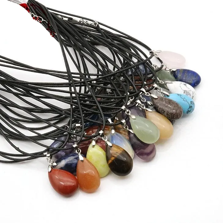 20 Styles Natural Stone Pendants Necklaces Water Drop Shape Pendant Healing Crystals Amethyst Quartz Bead Chakra Healing Point Necklaces