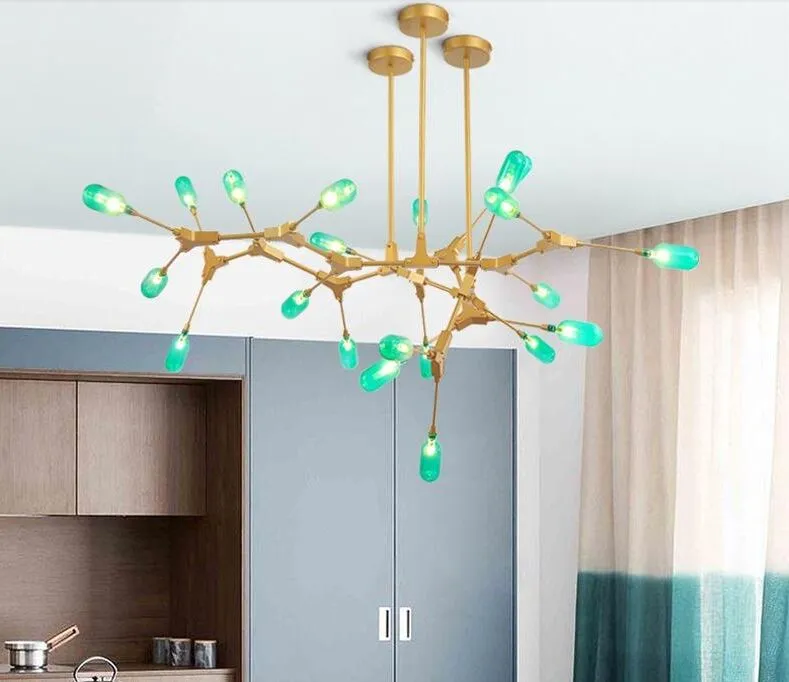 2020 sala de estar nórdica comedor molécula de vidrio verde luces de araña led rama moderna arte del hierro lámparas colgantes de vidrio verde simple