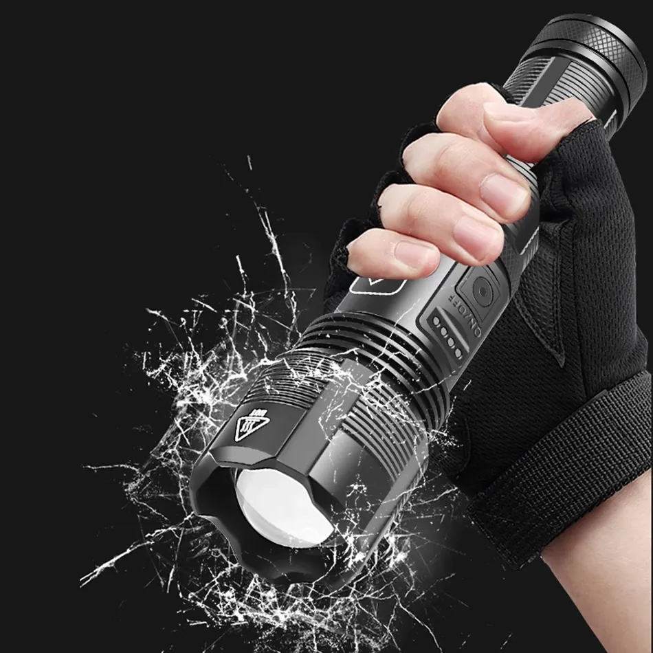 Lampe Torche Tactique LED Ultra-Lumineuse XHP50/XHP70/XHP160 Rechargeable USB – 6000 Lumen – Noire