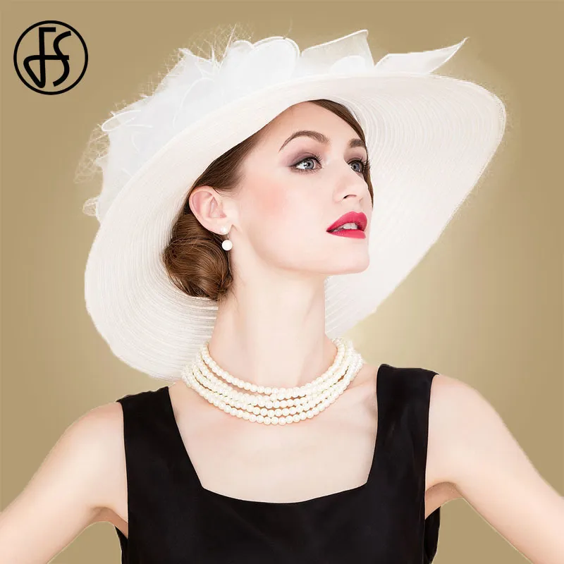 FS Black White Elegant Church Wedding Straw Hats For Women Ladies Flowers Large Brim Fedora Hat Sun Kentucky Party Derby Hat 250430