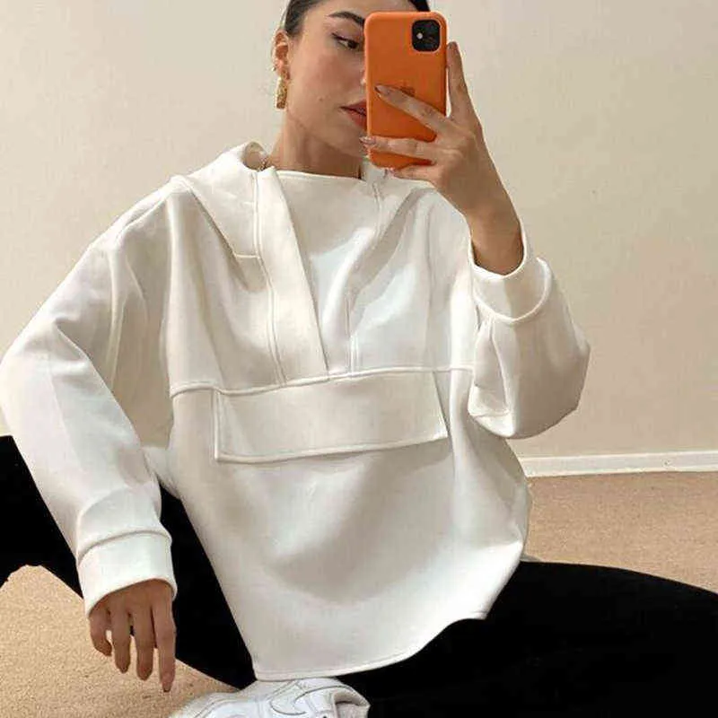 Insta Fashion Women Hoodies Oversize Asymmetric Hem Solid Black White Autumn Sweatshirt Loose Streetwear Hooded Pullover Tops 220115