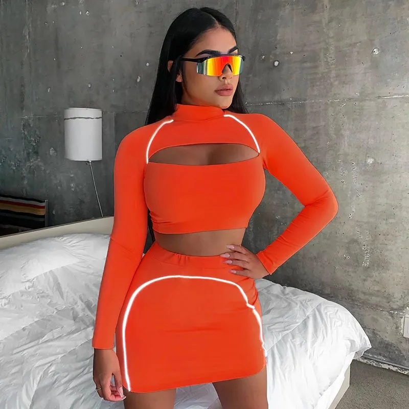 Reflective Striped Neon Two Piece Neon Skirt Set ANJAMANOR Sexy Club Outfits For Women Fall Festival Clothing D66 AB87 Y200110 From Shanye03 12.14 DHgate.Com