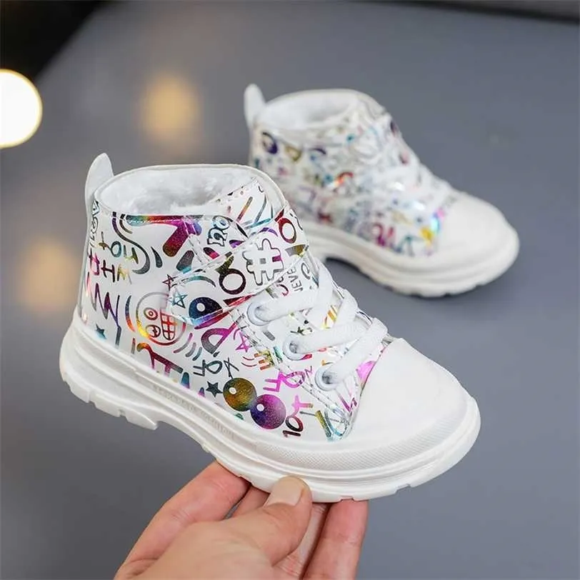 Winter Baby Shoes Girls Warm Plush Boots Fashion Printing Picture Children OUTWEAR 1-5 Years Size 21-30#Pink Black White 211227