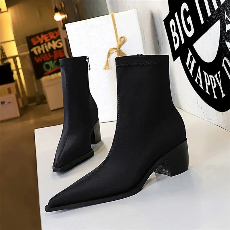 Women Ankle Boots Ladies Shoes ZIP Mid Calf Boots Square Heel Soft Stretch Fabric Long Boot Footwear Woman Fashion Autumn Winter