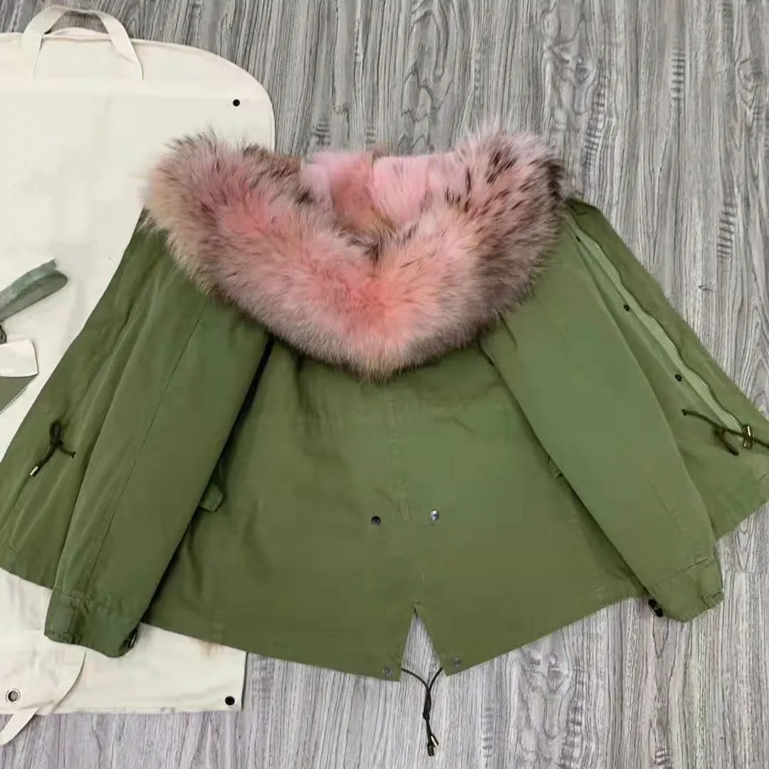 Army green jacket with pink fur hood sale
