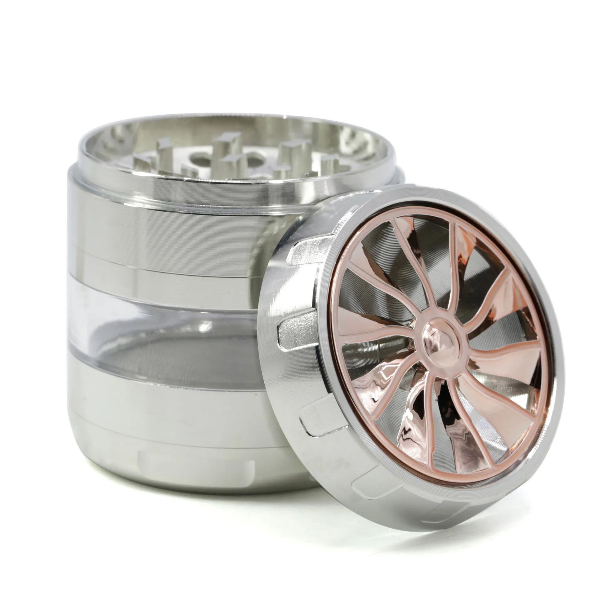 2 färger Rökning Tillbehör Herb Grinder med 63mm Diameter Zinc Alloy Fyra lager Turbin transparent fönsterfönster