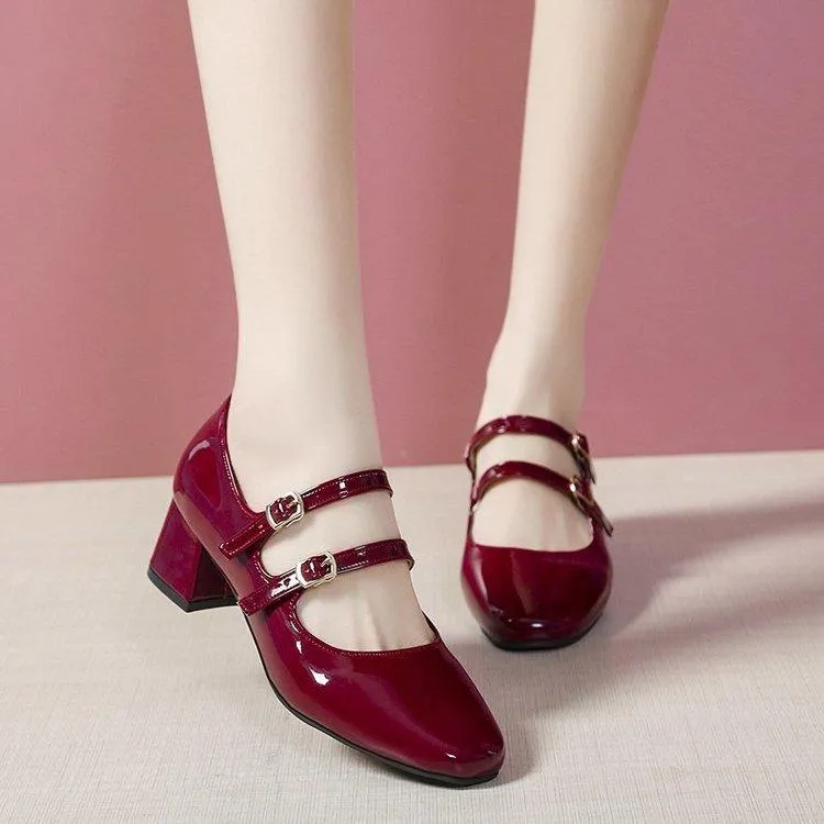 Dress Shoes 2022 Spring Autumn Women Double Buckle Mary Janes Patent Leather High Heels Pumps Retro Ladies Shoe Black Red