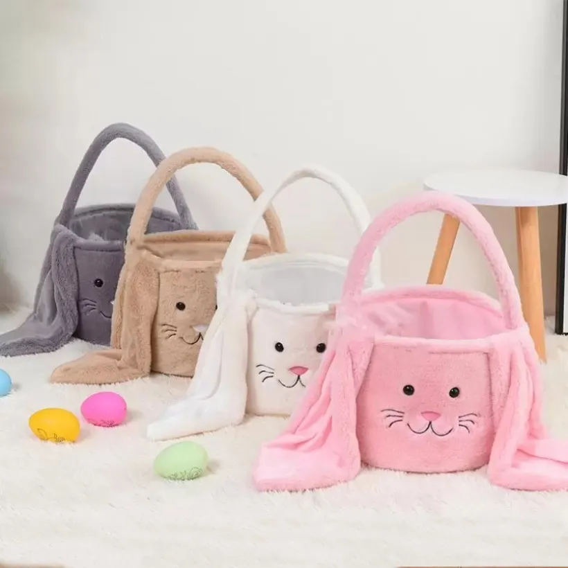 Party Pasen Konijn Mand Lange Oren Pluche Easters Eieren Emmer Bunny Smile Face Candy Gift Bag Festival Party Handtas voor Kids Gratis DHL FHH21-881