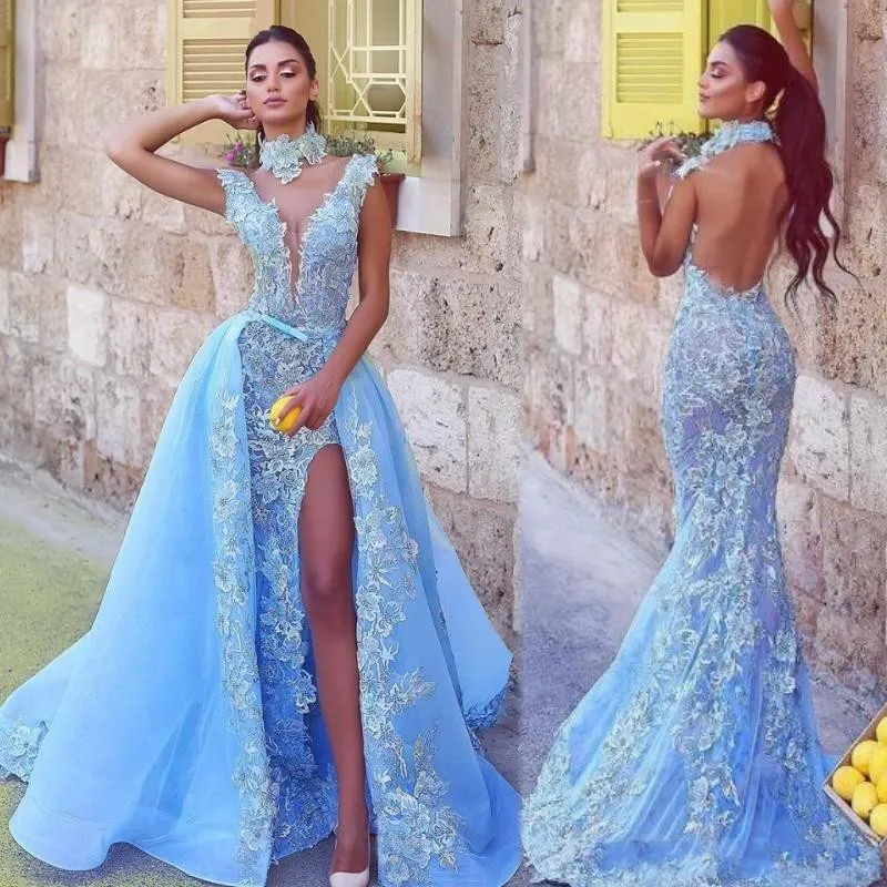Sexy Sky Blue Dubai Arabisch Mermaid Abendkleider Abnehmbare Zug Backless Hoch Split Spitze Appliqued Abendkleid Formal Pageant Party Kleid