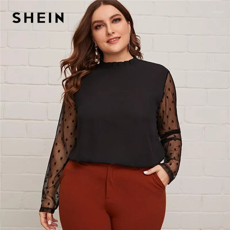Womens Blouses & Shirts SHEIN Plus Size Black Frill Neck Sheer Dobby Mesh  Sleeve Curved Hem Blouse Women Office Lady Elegant Tops And Blous From  Rollength, $25.63