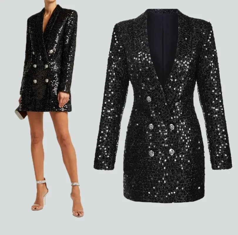 Jacket Women Sexy Elegant Long Black Sequin Beading Blaser Female Runway Designer Outwear Stage Blazer Slim Chic Top 2020