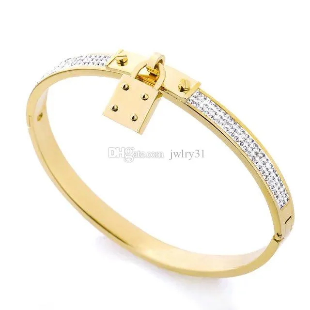 Bijoux de créateurs de qualité supérieure pour femmes Bracelets en acier inoxydable Bracelet de manchette Pave Silver Rose Gold Tone Charms Lock Bangle Jewel224y