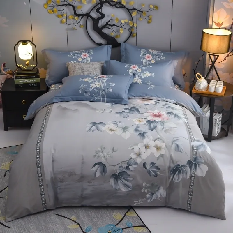 Vintage Shabby Blossom Flowers Gray Duvet Cover 100%Cotton Soft Bedding set Quilt Cover Bed Sheet Pillowcases Queen King size 201119