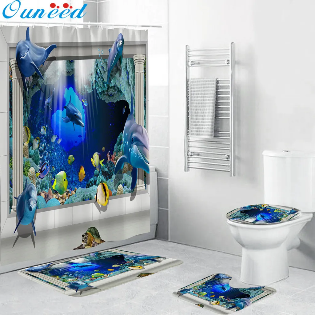 Ouneed Blue ocean world Tende da doccia set 4PCS @ Antiscivolo Carino delfino Toilette Copertura in poliestere Tappetino Set Bagno Tende da doccia Y200108