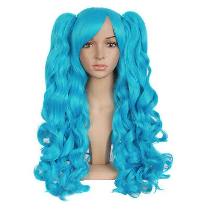 Långt Wig Curly Blue, 71 cm med täcken, Cosplay Miku Vocaloide