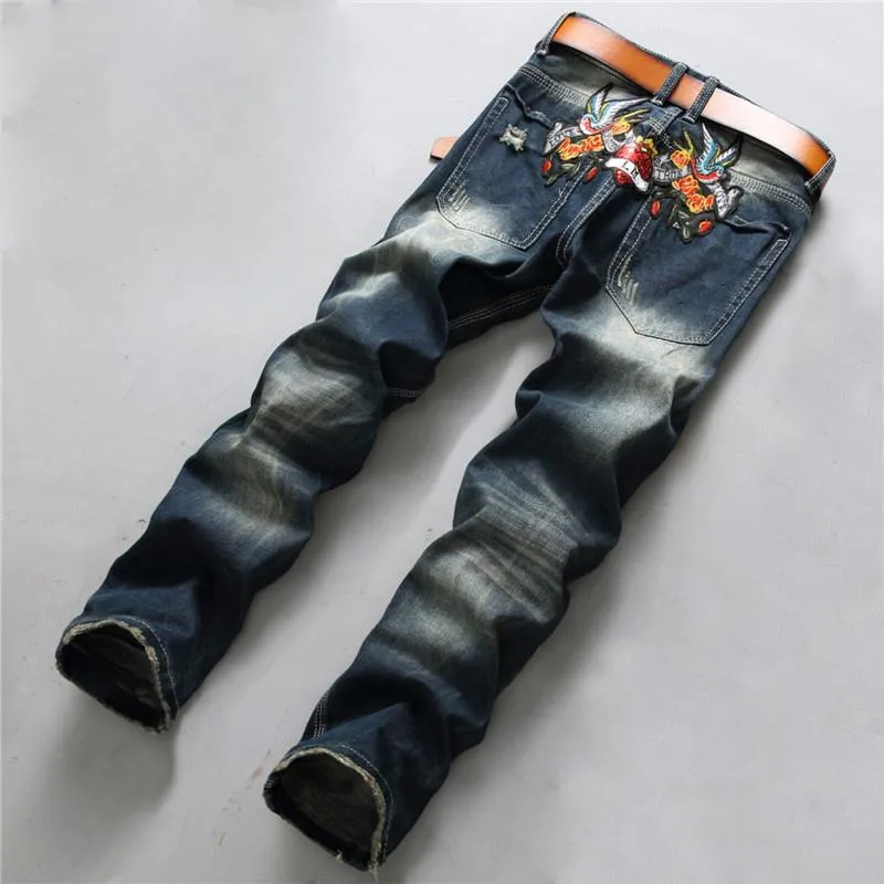 Jeans da uomo Sokotoo fiore ricamato patch strappato casual buco slim dritto pantaloni in denim invecchiato308S