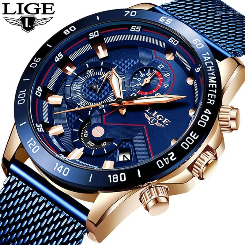 2019 Lige New Mens Mens Casuare Watch for Men date Quartz腕時計スポーツクロノグラフファッションブルーメッシュベルトウォッチrelojes hombre1