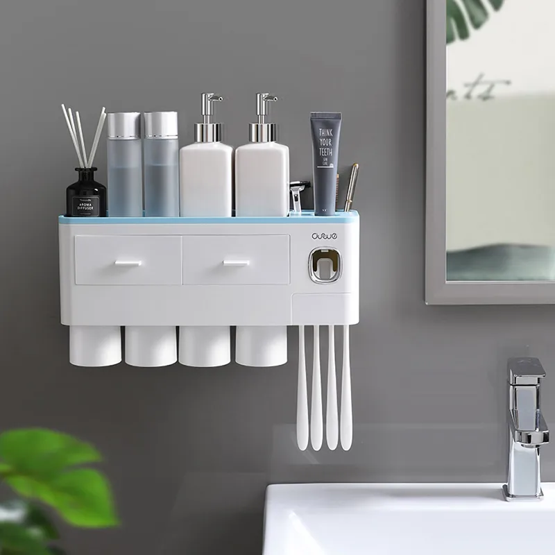 Premium Wall Mount Toothbrush Holder & Toothpaste Dispenser - Magnetic ...