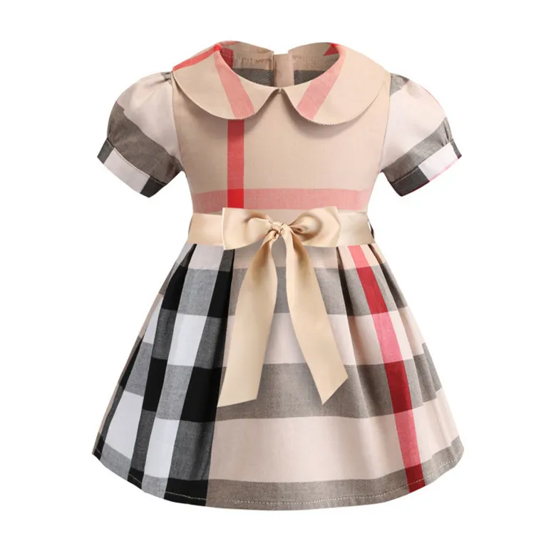 Baby Girls Dress Spring Fall Kids Plaid Short Sleeve Dresses Turn-Down Collar Girl Skirts Children Clothing