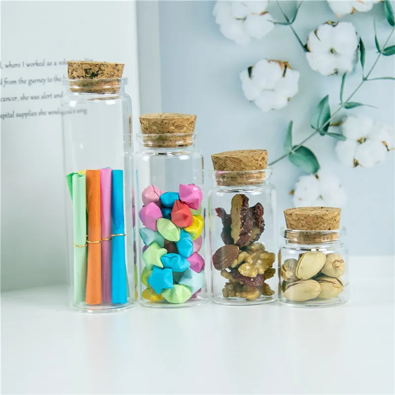 Glass Bottle with Cork Stopper Empty Jars Vial 20ml 50ml 65ml 90ml Sweets Vanilla Pill Food Perfume Gift Containers 50pcs
