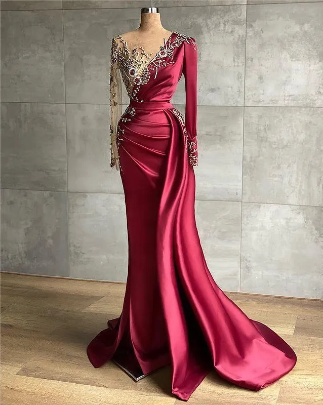 Formal Dark Red Mermaid Evening Dresses Beaded Crystals Sheer Neck Prom Dress Long Sleeves Modest Party Second Reception gowns