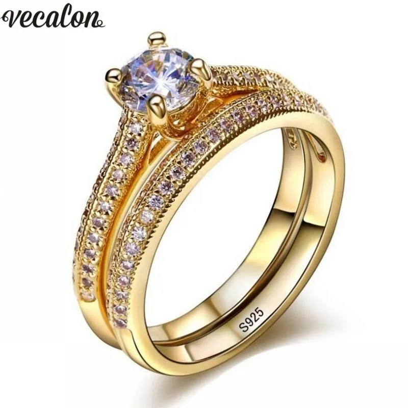 Vecalon 3 färger älskare ring set 5a zirkon cz guld fylld 925 silver engagemang bröllop band ringar för kvinnor brud smycken y200602