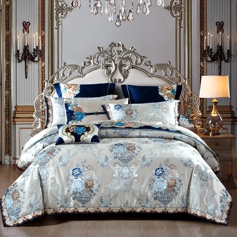 Silver Golden King Queen Pościel Zestaw Jedwabny Satin Bawełna Luksusowy Łóżko Zestaw Łóżko / Płaskie łóżko Zestaw Set Poszewka Duvet Cover 201199