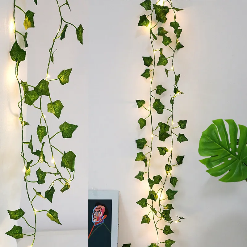 2 SZTUK 2M Sztuczne Rośliny LED String Light Pnącze Green Leaf Ivy Vine Do Home Wedding Decor Lampa DIY Wiszące Oświetlenie ogrodowe 201130