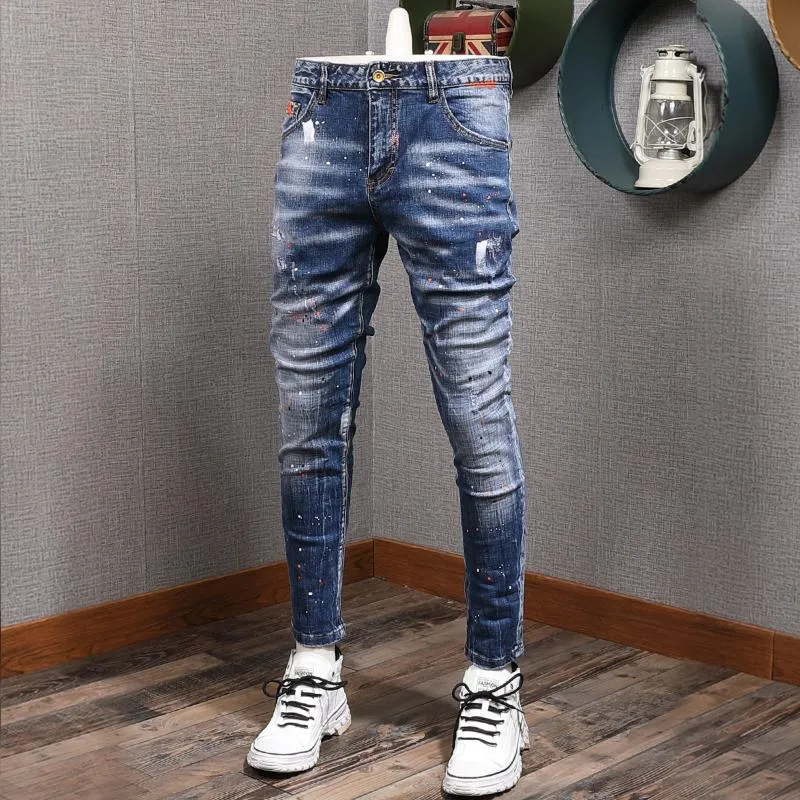 Men's Jeans Denim Men Autumn Slim Fit Fashion Brand High Quality Blue Perforated Splash Pants Skinny Erkek Jean Pantolon