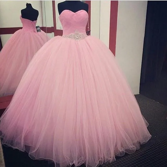 Baby rosa quinceanera klänningar boll klänning 2022 ny design golv längd tulle sash med pärlstav kristaller skräddarsydda prom klänningar festklänningar