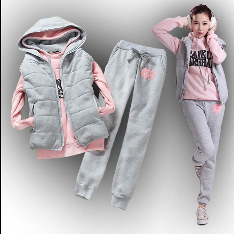 Autumn Winter Women Fleece tjock varm 3 -bitar set plus size hoodies Vest coat långa byxor casual trehel