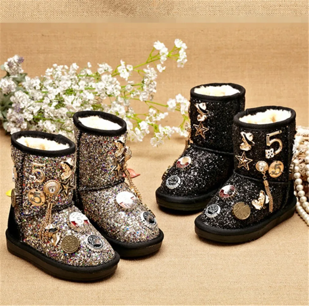 Shoes Winter Children Kids Girls Cotton Boots Teenager Velvet Thicken Warm Boots Cute Metal Decoration for Kids Christmas Gifts
