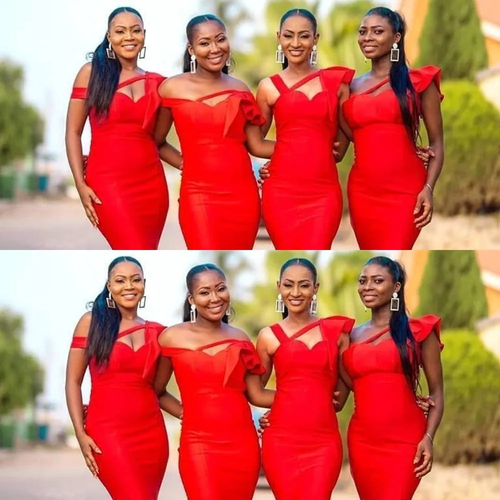 African New Sexy Cheap Red Satin Mermaid Long Bridesmaid Dresses Off The Shoulder Ruched Plus Size Custom Wedding Guest Maid Of Honor Gowns