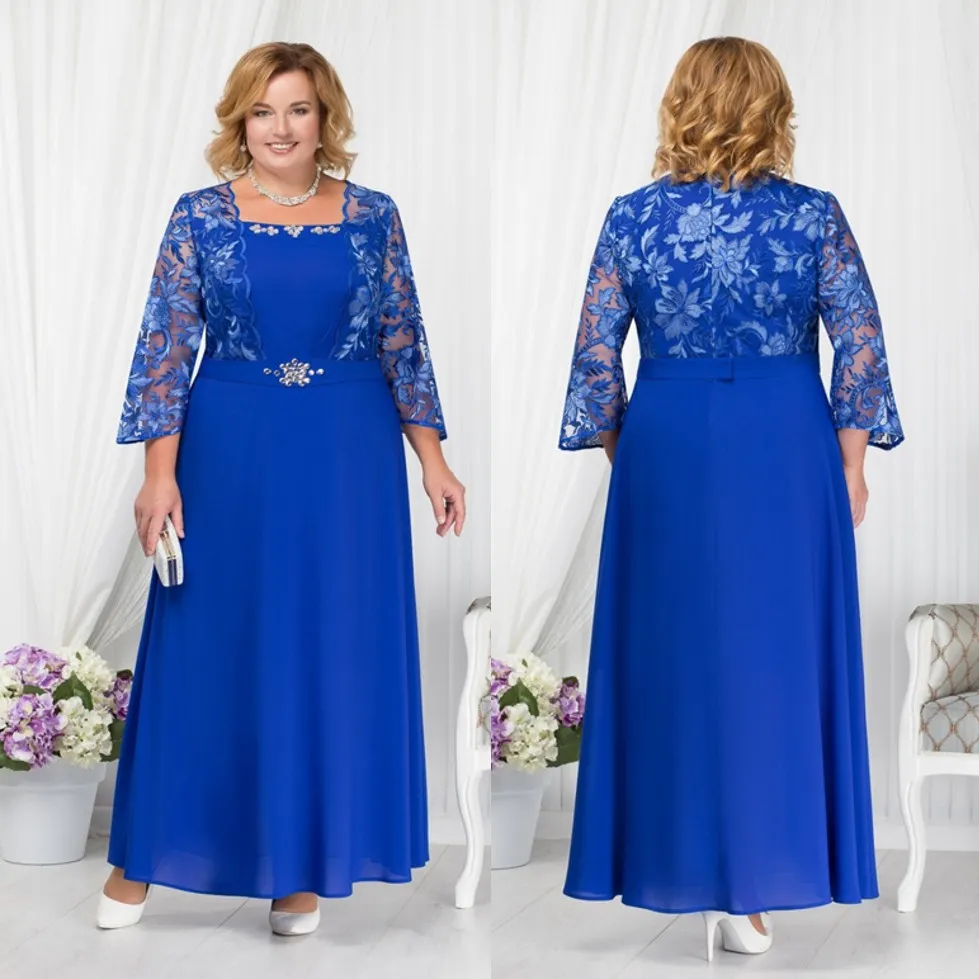 Blue Plus Size Beaded Lace Mother Of The Bride Dresses Square Neck Long Sleeves Wedding Guest Dress A Line Chiffon Evening Gowns227f