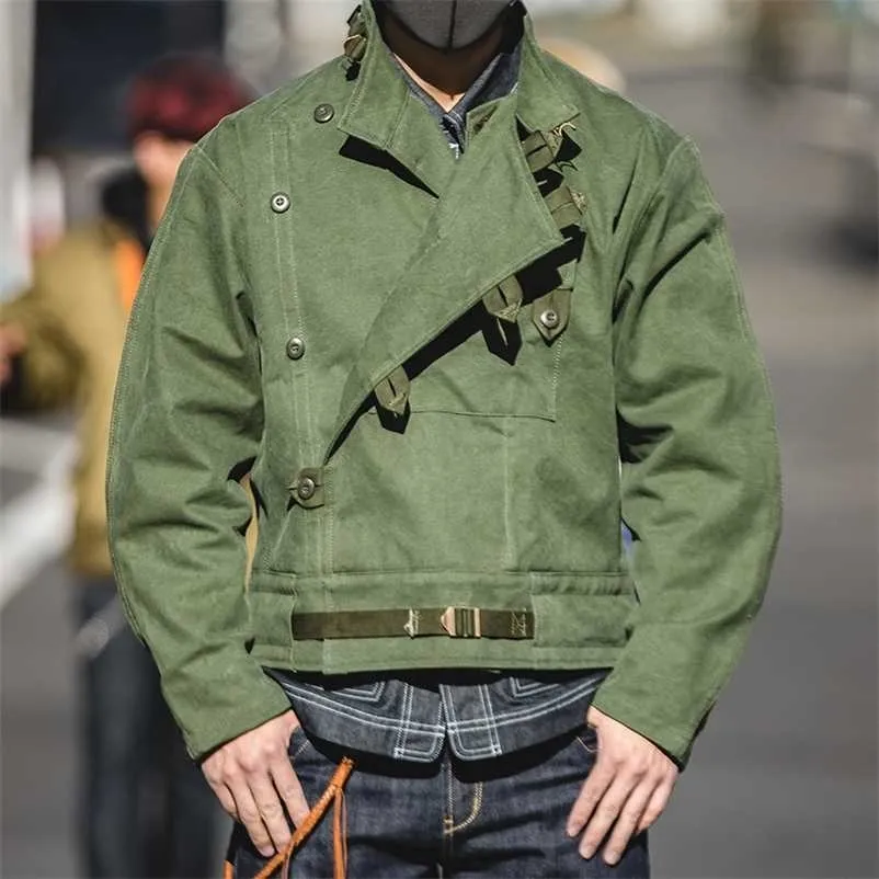 Maden Army Green Retro Jacketが希望の斜めバックルスウェーデンのオートバイメンズアメカジコットン洗浄ウォータージャケット特大220121