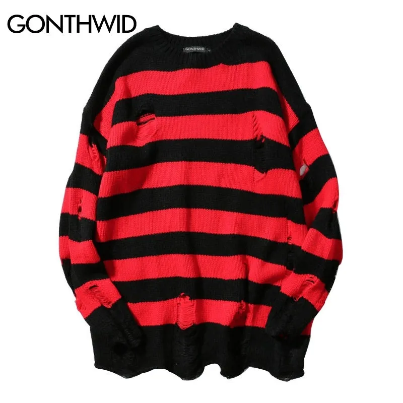 Mens Designer Sweaters Ripped Stripe Knit Pullover, Hip Hop Style
