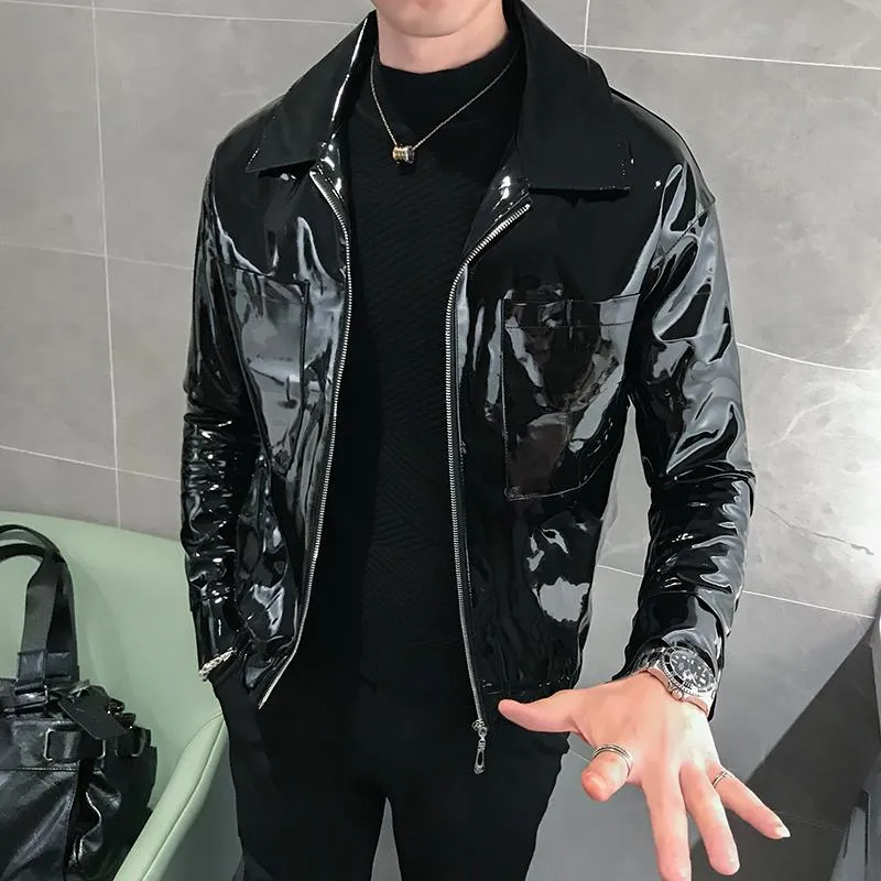남성용 재킷 2022 반짝이는 가죽 자켓 무대 의상 레드 블랙 나이트 클럽 클럽 남자 단색 슬림 남성 코트