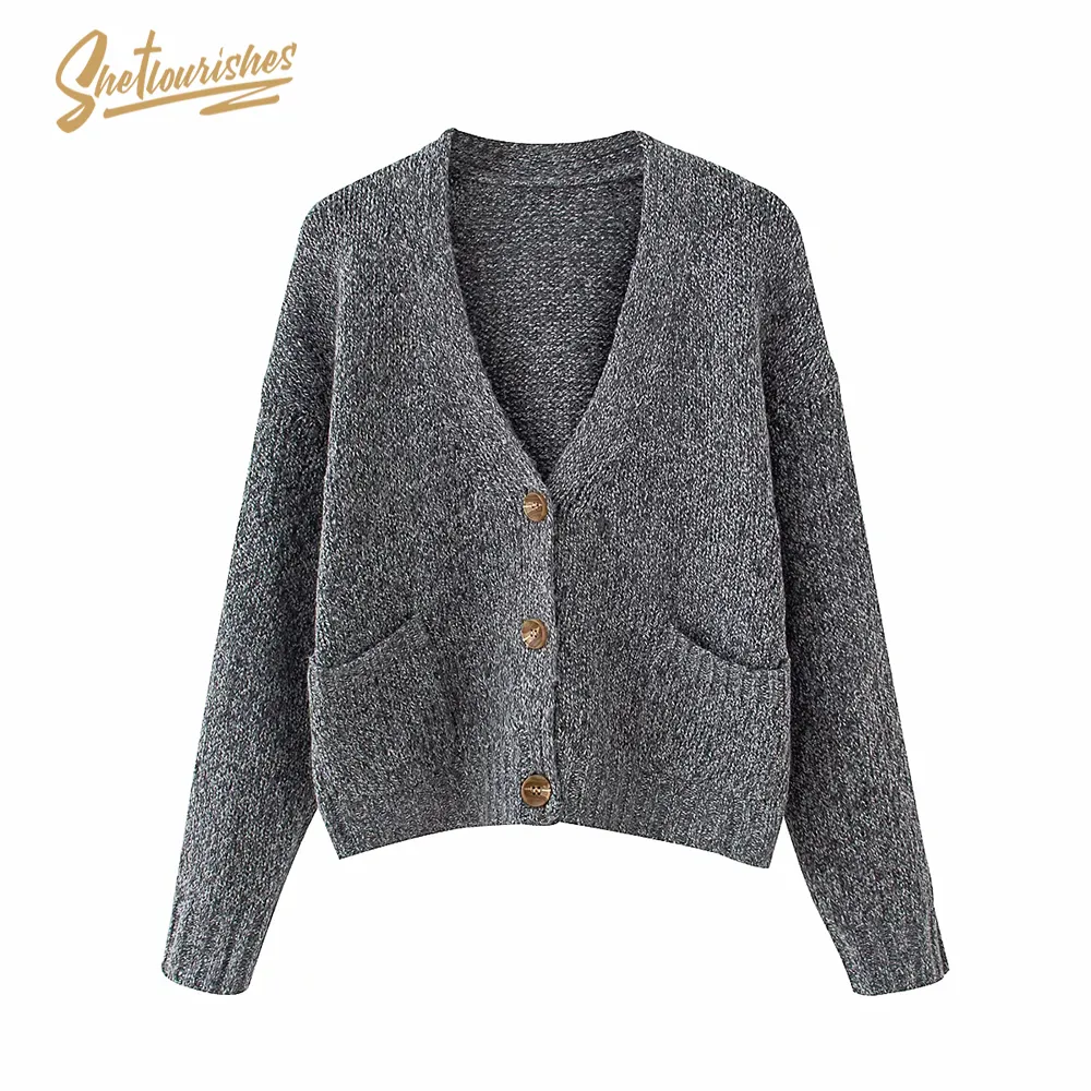 Sheflourishes Women Sweaters Knitted Button Cardigan Cropped Coat Zoravicky Solid Mujer Tops Korean V Neck Long Sleeve 2020 Fall
