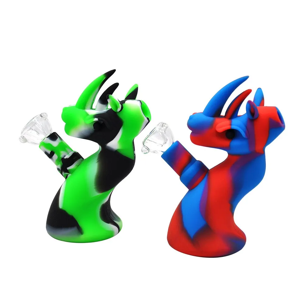 Bong in silicone con ciotola in vetro Simpatica forma di dinosauro 5 pollici di diversi colori Rig dab portatile