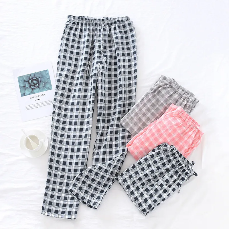 See Cotton Plaid Pants Bottoms Women Men Wide Leg Casual Pajamas Homewear Lounge Wear Anti-mosquito 201109