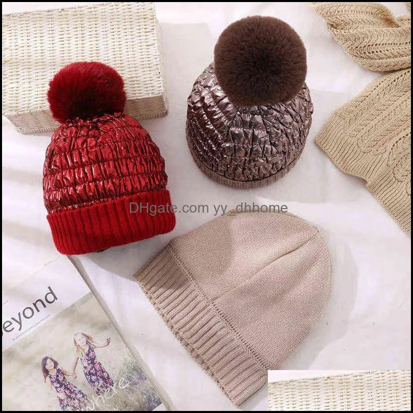 CNTANG Hat For Women Winter Warm Beanies Down Style Faux Rabbit Fur Pompom Reflective Hats Ladies Casual Fashion Cap 211228