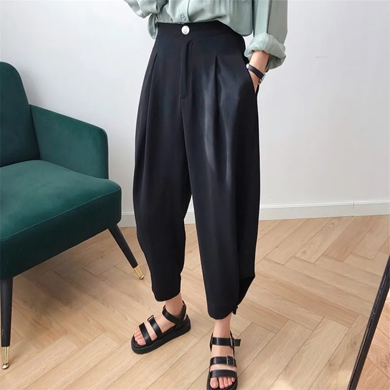 Loose Slacks Pantalon Femme Large Jambe Solide Pantalon Harem Femmes Blanc Taille Haute Pour Bureau Casual Britches Korean Street Fashion 201112