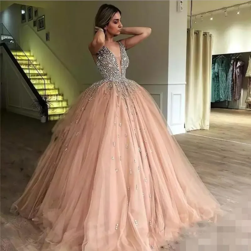 2021 Hoge Kwaliteit Kralen Avondjurken Een Lijn Sexy V-hals Lovertjes Lange Tulle Pageant Prom Party Gown Robe de Mariee