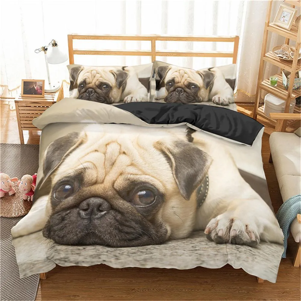 Homesky 3d söt hund sängkläder set pug hund säng uppsättning duvet täcker set kudde kung queen size säng linne sängkläder LJ201127