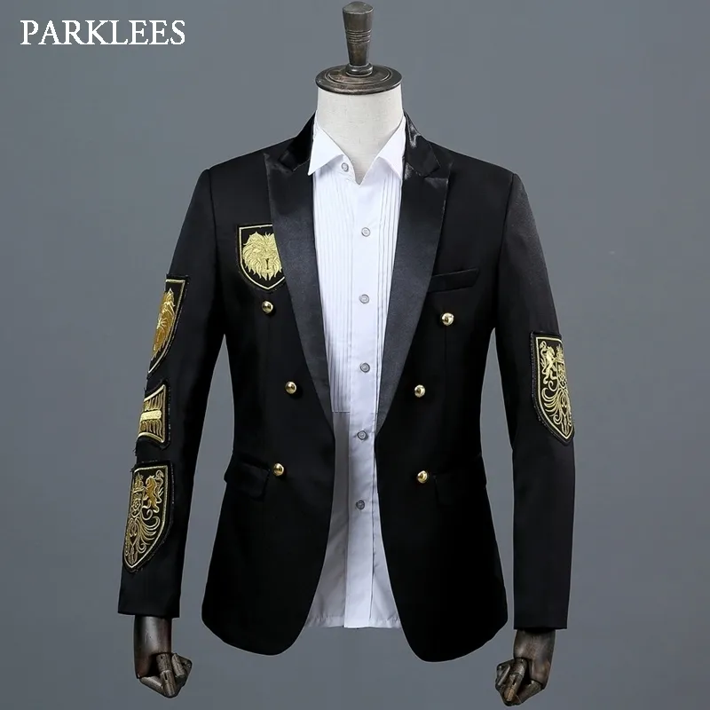 Médaille d'or Broderie Blazer Veste Hommes Casual Revers Double Breasted Hommes Costume Noir Stade De Bal Spectacle Chanteur Robe Militaire Homme 201014