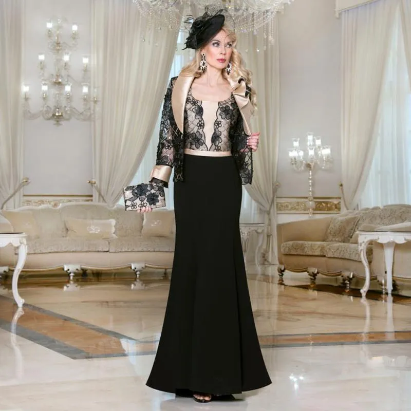 Elegant svart sjöjungfrun spets mor till bruden klänningar scoop neck aftonklänningar med långärmad jacka satin golv längd bröllop gästklänning