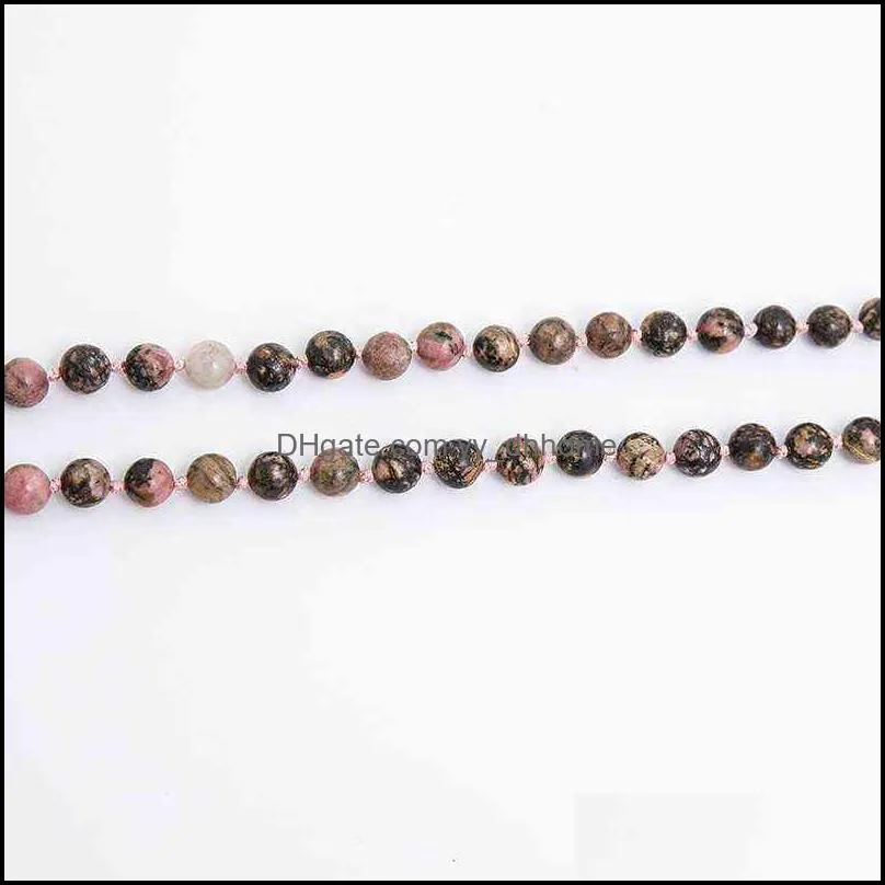 8mm Natural Black Line Rhodochrosite Beads Knotted Necklace Meditation Yoga Blessing Rosary Jewelry 108 Japamala Banquet Pendant