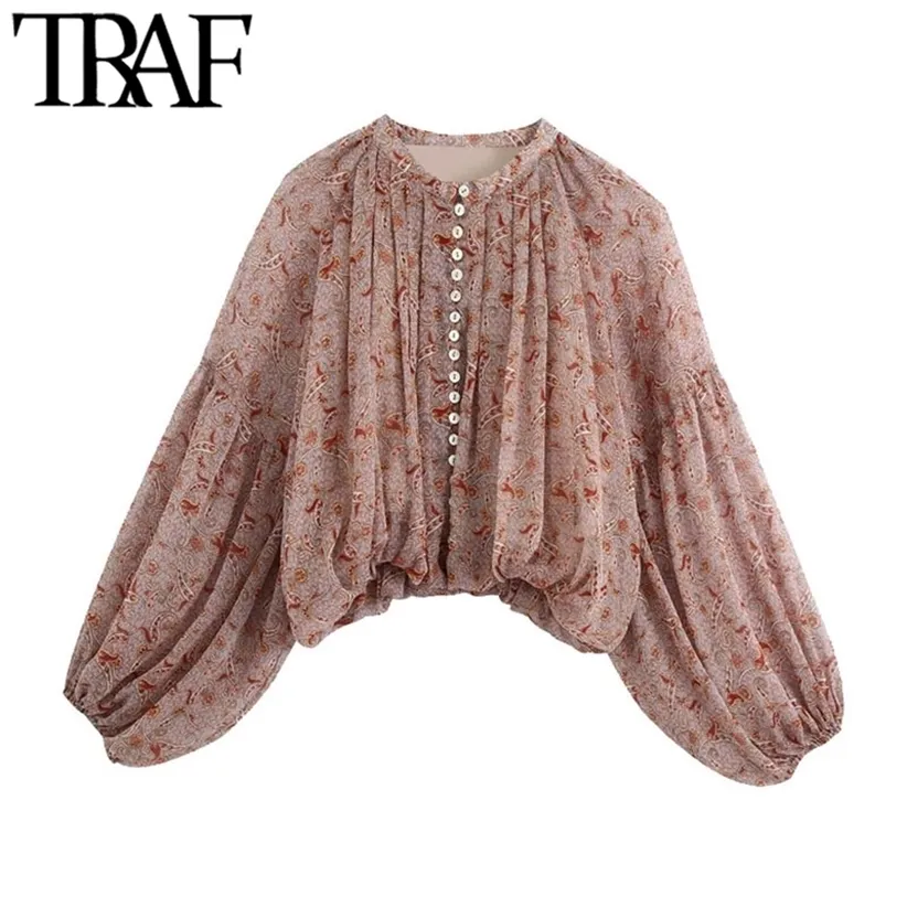 TRAF Women Fashion Paisley Print Cropped Blouses Vintage Lantern Sleeve Elastic Hem Female Shirts Chic Tops 220315