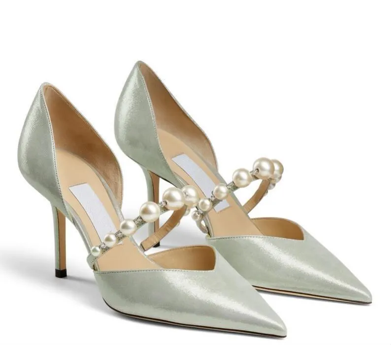 Verão aurelie sandálias sapatos pérolas tiras de tiras elegantes marcas de couro patente mulheres apontadas de taco de dedos festas de casamento de casamentos saltos altos saltos de sapatos