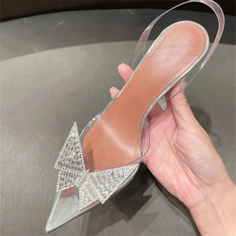 2021 Transparent diamond bow high heel shine cap toe heels fine tip with the empty sexy women`s singles shoes summer crystal fairy wind